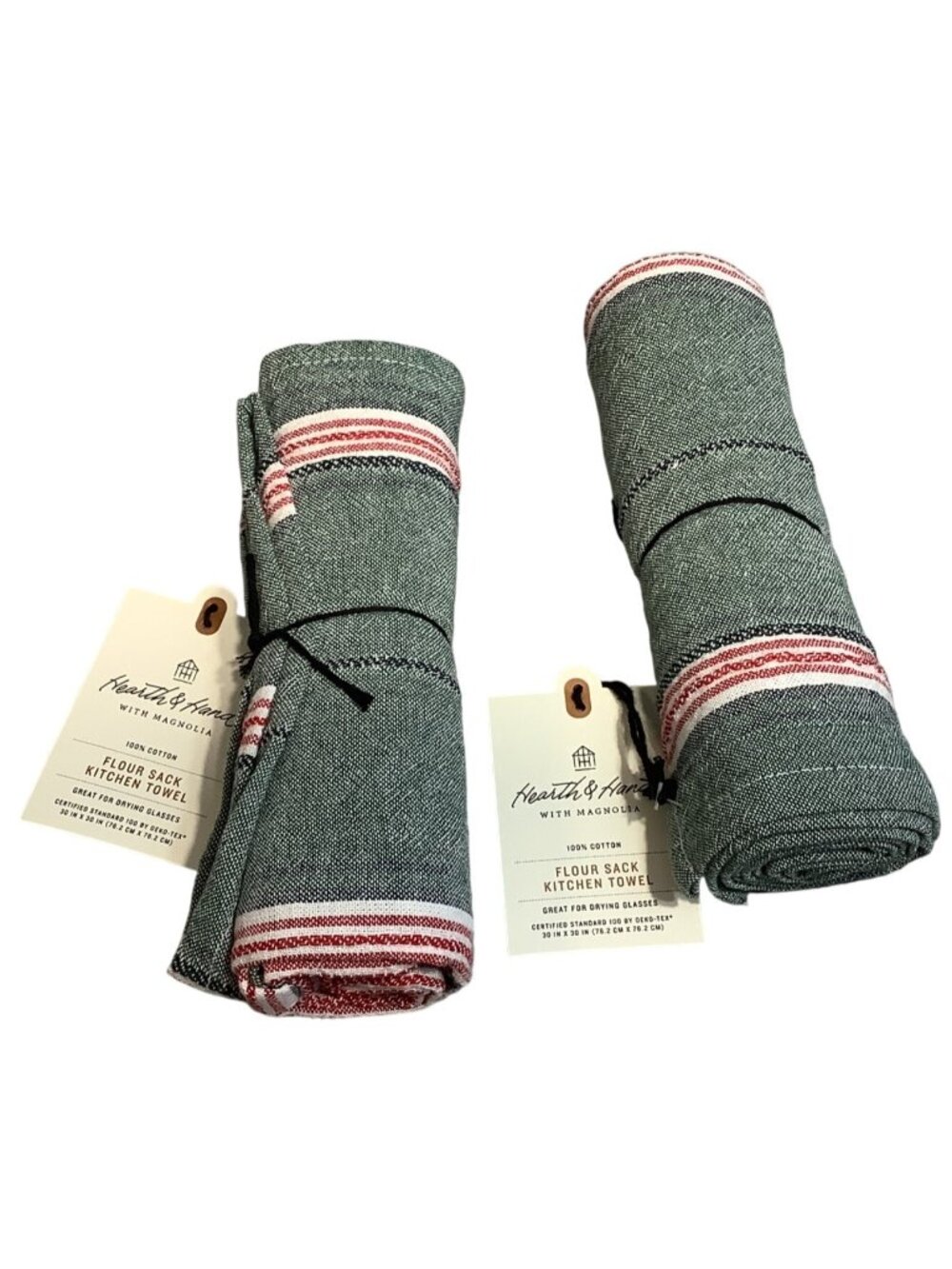 2 Magnolia Hearth & Hand  Flour Sack Kitchen Towels Green & Red Cotton 30"x30"